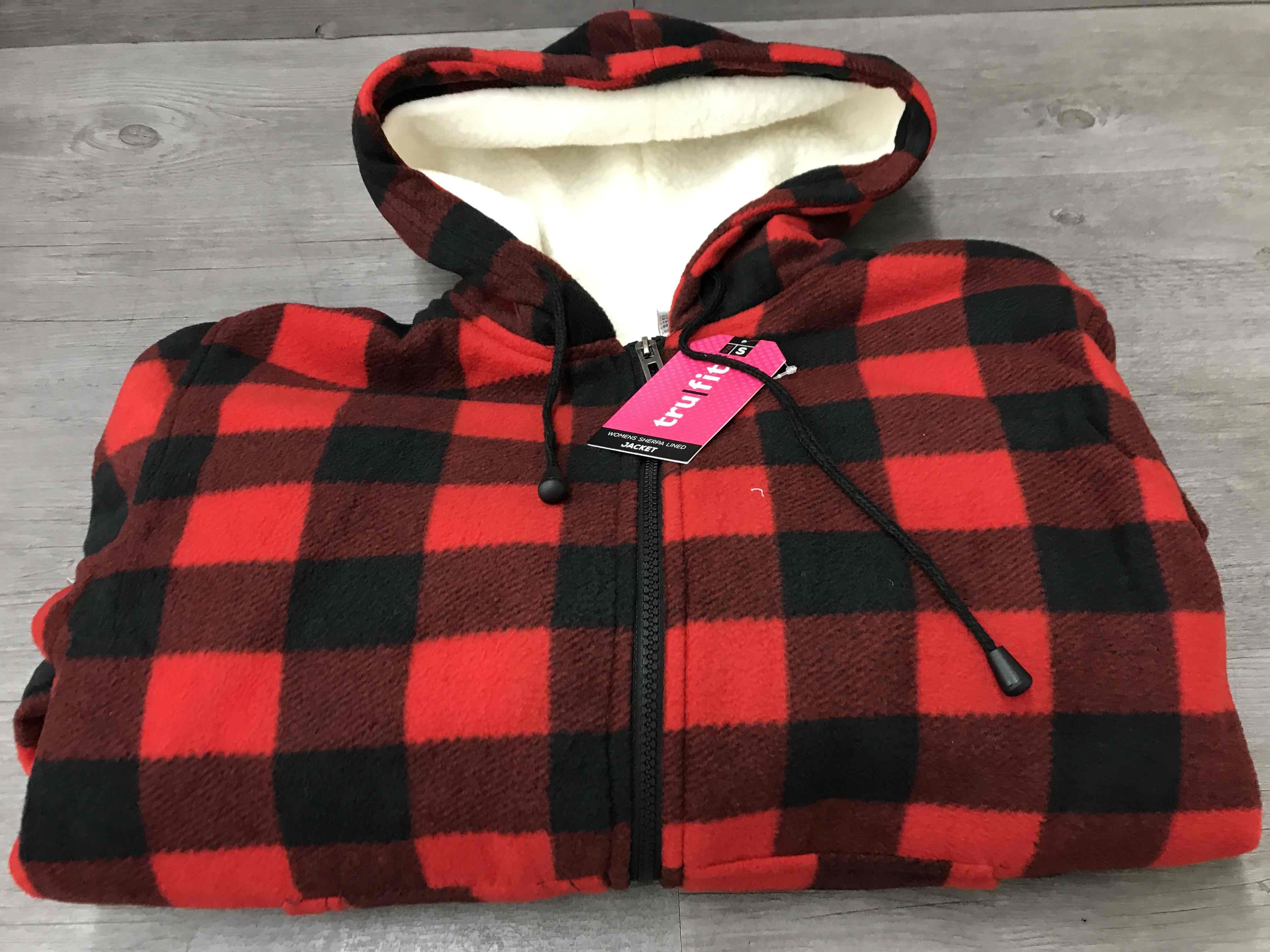 red and black plaid sherpa pullover